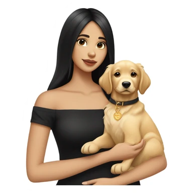 girl with a porcelain fair skin tone and long straight black hair with a small face wearing an off shoulder black shirt, while holding her golden retriever puppy  sticker