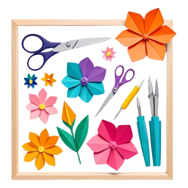 Paper crafting icon, various paper crafts like origami, 3D paper flowers, and scrapbooking materials, visible tools such as scissors, glue stick, and colour paper sheets, colorful paper patterns, minimalistic style, clean lines, transparent background. sticker