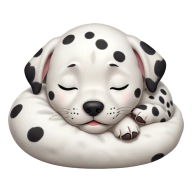 Cinematic Meme-Worthy cute Sleeping Dalmatian Portrait Emoji, Head resting peacefully with a contented smile, showcasing a delightfully cute build and a luxuriously soft white coat with bold black spots, eyes shut in a serene nap, Simplified yet hilariously adorable features, highly detailed, glowing with a soft, drowsy light, high shine, relaxed and utterly lovable, stylized with an air of playful laziness, bright and heartwarming, soft glowing outline, capturing the essence of a comically sleepy Dalmatian, so meme-worthy it feels like it could instantly become the next viral sensation of adorable slumber! sticker