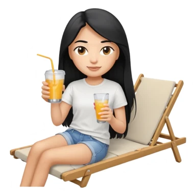 Memoji girl with long black hair with a relaxed expression, a slight smile, in summer clothes (T-shirt, shorts). You can add accessories, such as a drink in her hand or a lounger. sticker