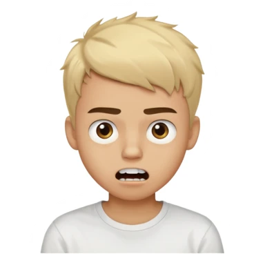 Male Teenager with Short buzz, messy blonde hair, Dark brown bushy eyebrows large expressive golden-brown eyes, wearing a plain white t-shirt, Dark Brown skin color, Confused mouth gape showing teeth sticker