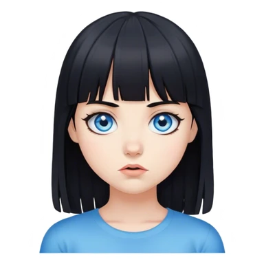 Girl with blue eyes and black hair with bangs shrugging sticker
