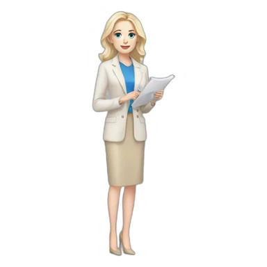 pale skin woman interior designer with cold blonde middle length hair, blue eyes, beige blouse, White oversize jacket, Gray skirt holding a color palette in the hands sticker
