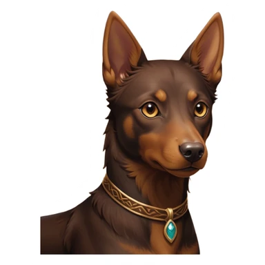 Cinematic Noble Brown and Tan Kelpie Portrait Emoji, Poised and regal, with a strong, agile build and a rich, well-groomed Fur of warm brown and tan, piercing warm eyes, Simplified yet sharp and sophisticated features, highly detailed, glowing with a soft, dignified glow, high shine, intelligent and energetic, stylized with an air of determination, focused and attentive, soft glowing outline, capturing the essence of a watchful and confident herder, so majestic it feels as though it could bound out of the screen with effortless authority! sticker