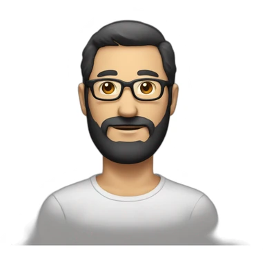 A middle-aged man with a face with a black beard and black hair, wearing black-rimmed glasses and a man's shirt sticker