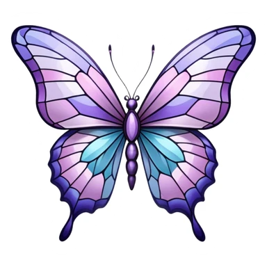a stunningly detailed butterfly with lilac and ice-purple wings, adorned with an elegant mosaic-like pattern resembling stained glass. The wings should display a harmonious blend of swirling and geometric designs, giving them a mystical and artistic feel. The butterfly should have a graceful, elongated body with a subtle metallic sheen, enhancing its enchanting presence. sticker
