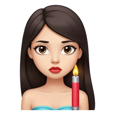 girl with lighter skin, dark brown long straight hair, pouty shiny lips without cupid's bow, large eyes, lighter button nose, long oval-shaped face, wearing a bandeau top sticker