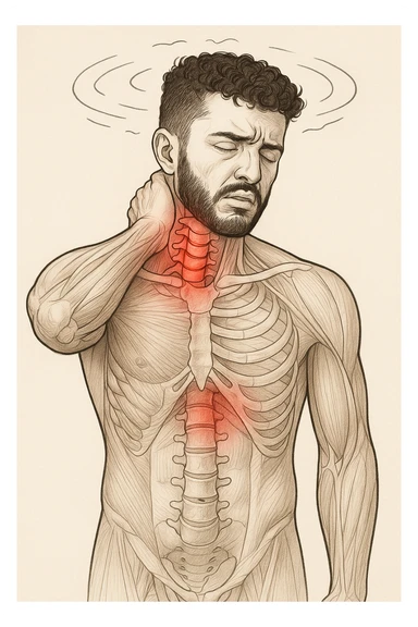 Uomo con dolore per infortunio vista anatomica in piedi con dolori cervicali vertigini e sbandamenti sticker