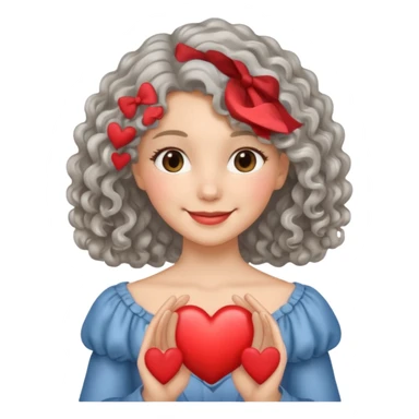 silvery curly/wavy shoulder-length hair smiling lady holding a heart sticker
