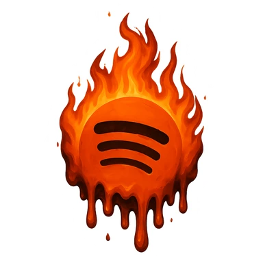 Add a melting effect to the Spotify logo with flames, as if the logo is dripping and partially liquefied. Keep the dramatic fire and bold look. The image should have no background. The style should resemble the original Spotify logo style with a fiery, melting effect. sticker