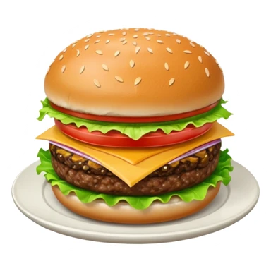 Draw a hamburger on a plate using a front camera with a 10-degree angle from the ground, ensuring the object remains stationary without rotation or tilt. sticker