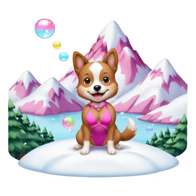 dog wearing a bikini blowing bubbles on a snowy moutian  sticker