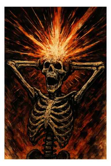 skeleton with hands behind head, head bursting in an energetic explosion, expressive and dramatic sticker