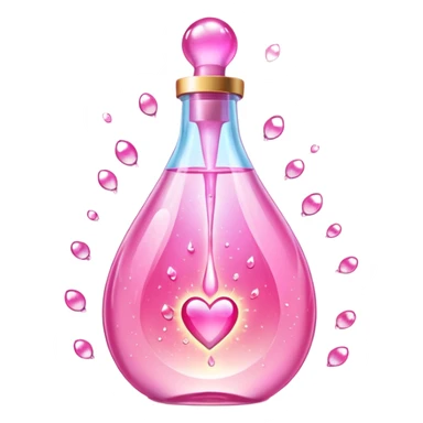 Pink teardrop-shaped glass bottle with rounded pump, glowing with iridescent light. Surrounded by sparkling dew drops, soft heart-shaped flares, and floating. Emits a radiant pink aura that glows like sunrise on skin. Feels like a glamour spell bottled into a juicy, glossy emoji flask. sticker
