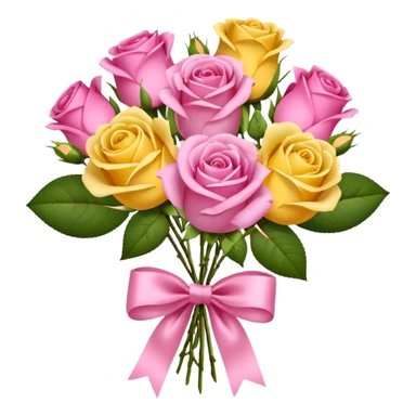 A bouquet of flowers, composed of pink and yellow roses, four blooms in total, tied with ribbon. sticker
