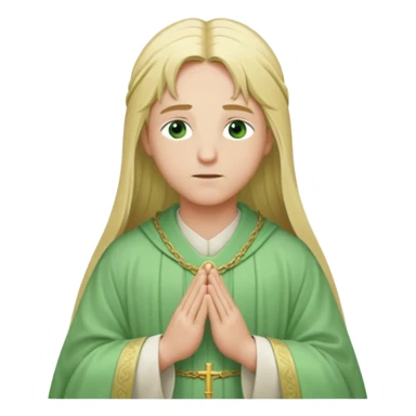 a young bishop, green eyes, long blonde hair, light green wide, flowing outer robe. hands clasped together, eyes closed. Soft light, subtle fern. Waist-up, profile. sticker