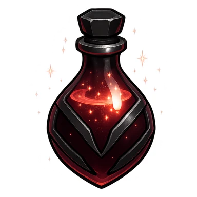 prabangus eliksyro buteliukas, lašo forma, Discord edgy ir cool stilius, tamsiai raudona spalva, juodos ir sidabrinės detalės, labai mažas kaklelis, vientisas dugnas, buteliukas plūduriuoja ore, be pagrindo ar šešėlio, modernus, kolekcijai tinkamas, su magiškais švytėjimais ir blizgesio efektais, skaidrus fonas sticker