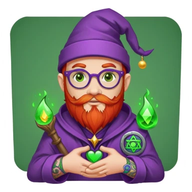 Cartoon DevOps wizard with red beard, no glasses, "I ❤️ YAML" shirt, purple hat, casting green magic. Grafana logo tattoos around eyes. GitOps patch on sleeve. Sticker style with clean outline, transparent background. sticker