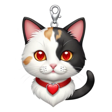 tuxedo cat with red leash and heart pendant, white fur only on mouth, small diamond spot above nose sticker
