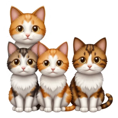 3 different coloured small cats including a dark brown tabby and white, and a patchy calico, and a ginger and white sticker
