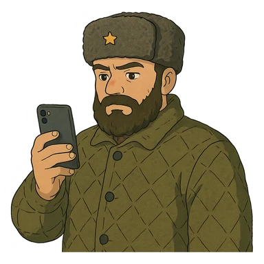 ghibli style illustration of a Russian military blogger in ushanka and vatnik, holding a phone sticker