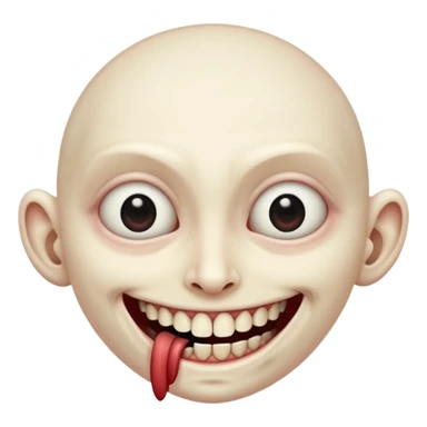 Pale emoji with completely vertical slit eyes, huge creepy grin from ear to ear, scary sticker