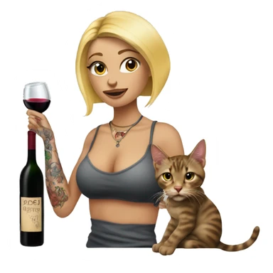 Blonde women in, her body covered with tattoos, wine in her one hand and pointing cat with other hand sticker