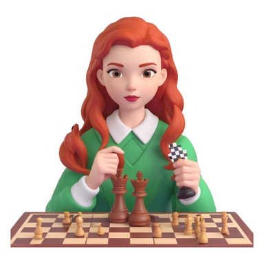 Anya Taylor-Joy from Queen's Gambit, red hair, chessboard, holding a chess piece sticker