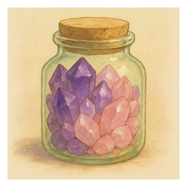 amethyst and rose quartz crystal pieces in a jar, natural colors, soft, fairy-like atmosphere, no background, square size sticker