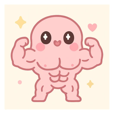 Make the kawaii character look buff and muscular, keep the adorable and pretty pink style, wide eyes, heart-shaped lips. sticker