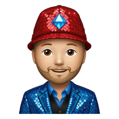 Fred Durst with sequin cream suit jacket with black shirt, red sequin hat, blue eyes, dark blonde hair sticker