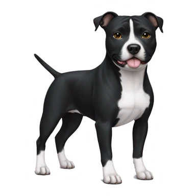 Small black Staffordshire bull terrier with a white j on his chest sticker