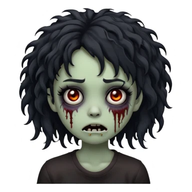 creepy emo zombie girl emoji, black curly medium-long hair, shaggy, dark, spooky expression sticker