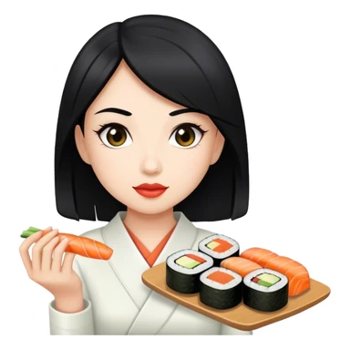 Girl with black hair and light skin holding sushi sticker