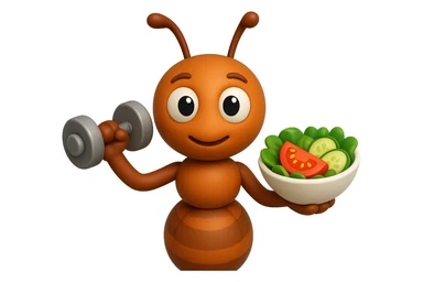 EMOJI STILE IPHONE 3D DI UNA formica CHE ha un manubrio da palestra nella mano destra e un insalata nella mano sinistra, FAGLI GLI OCCHI CON LA PARTE BIANCA, NON SOLO LA PUPILLA sticker