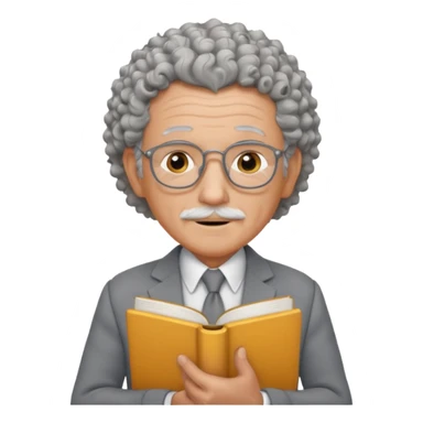 elderly male, curly hair, holding book, wearing gray suit sticker
