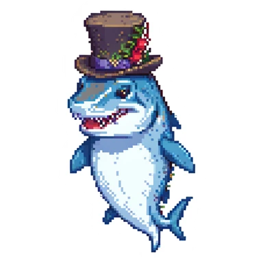 pixel art shark wearing a tophat sticker