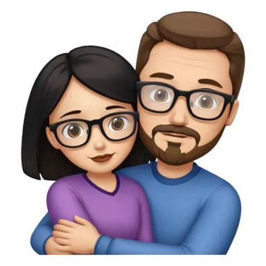 Tall white man brown hair and goatee hugging small woman long black hair square glasses, professional sticker