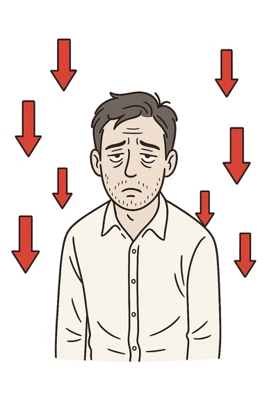  un uomo con espressione affaticata, circondato da frecce rosse in basso sticker