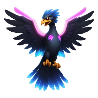 Cartoon-style black phoenix, shoulder-up, aggressive expression, dark muted colors, holding glowing neon light sticks (blue and pink) in wings, party theme, optimized for Twitch emote sizes, no background sticker
