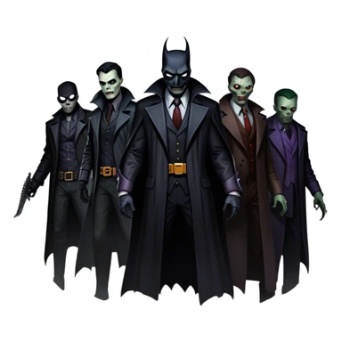 Icon for Thriller Movies: A large, dramatic collage featuring sinister villains and zombies in dark clothing. The background shows the gloomy cityscape of Gotham with dim lighting and eerie shadows. The atmosphere should be tense, mysterious, and suspenseful. Transparent background. sticker