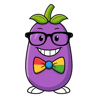 Add a colorful bow tie to the eggplant with nerdy glasses and goofy teeth, keep the background transparent. Maintain the original style and transparent background. sticker