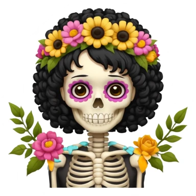 Skeleton with Flower Crown, curley hair black, with flower bouquet sticker