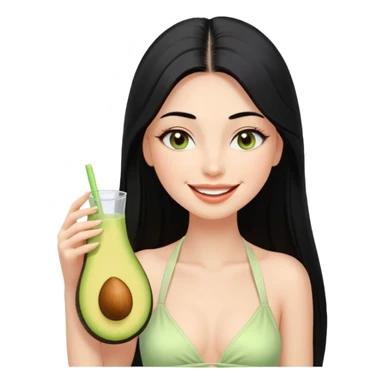 Long black hair with no bangs, very straight hair, pretty face. Wearing white plain halter top. Blushed cheeks, long lashes, nude glossy lips. One eyes with wink. One hand with avocado juice. sticker