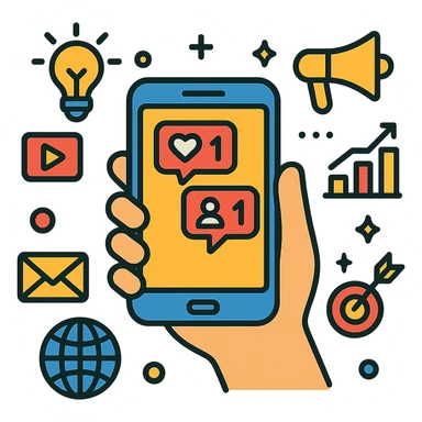 hand holding smartphone displaying social media notifications with background of digital marketing symbols, bold eye-catching style sticker