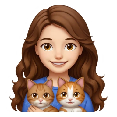 a girl with long wavy brown hair and brown eyes smiling with a cat beside her, emoji style sticker
