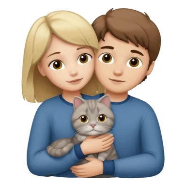 Blonde girl and brown Hair boy in love hugging a grey scottish fold cat sticker