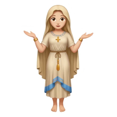 fullbody Mary Magdalene, buxom and fit figure, very pretty detailed face, plain light tan dress, arms down pose, emoji style sticker