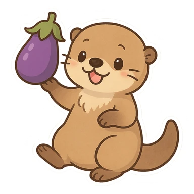 sea otter balancing an eggplant, fun and whimsical, chibi stickers style, playful expression sticker