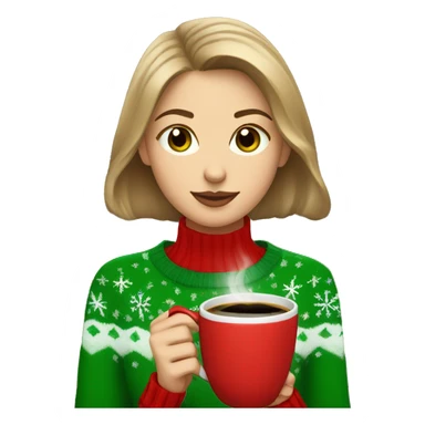 Light brown short haired girl with green eyes drinking coffee wearing red Christmas sweater sticker